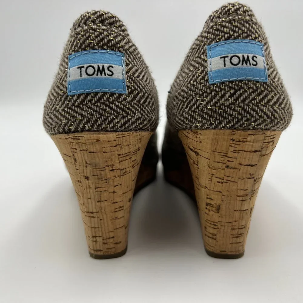 TOMS Stella Calypso Brown Metallic Herringbone Tweed Peep Toe Cork Wedge…‎